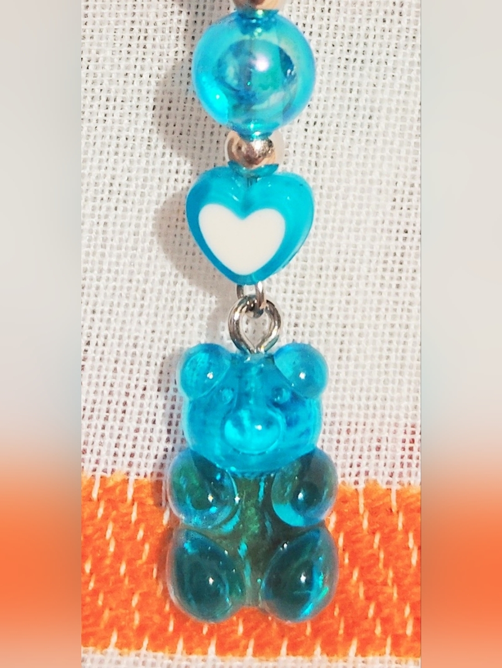Handmade Dangly Keychain One Of A Kind. Blue Gummy Bear With Blue Heart Keychain
